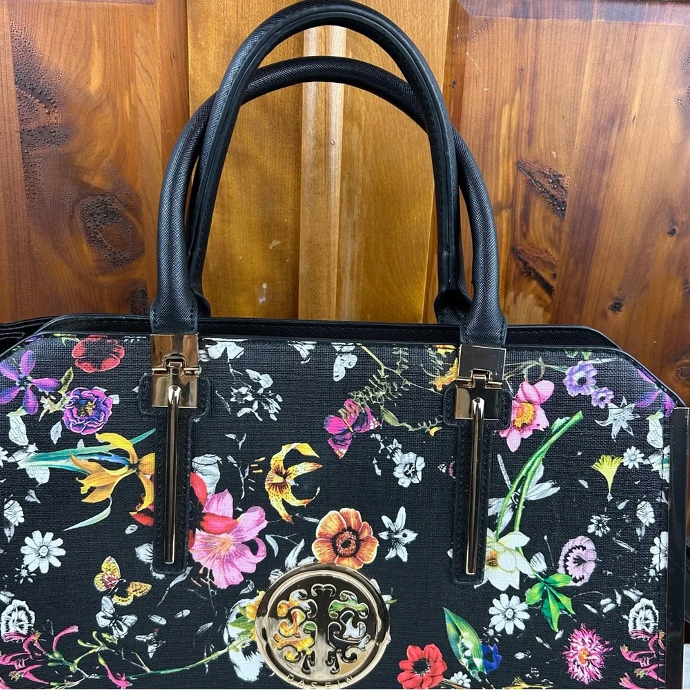DASEIN Large Vegan Leather Floral Black Flower Satchel Handbag Shoulder Tote